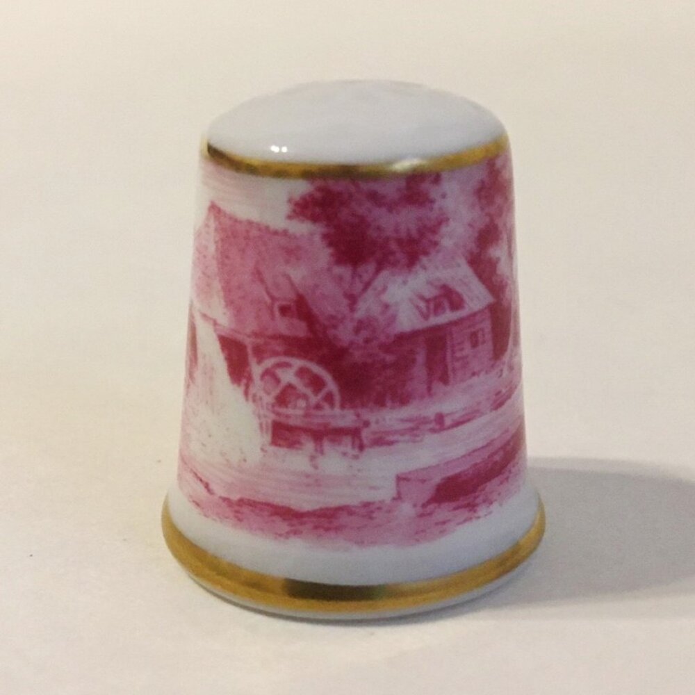 Farmhouse Mill Thimble AK Kaiser Vintage W Germany Cranberry Gold Trim Porcelain